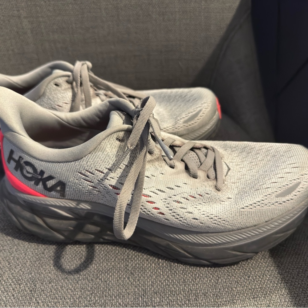 Hoka Light Gray and Coral Running Shoes